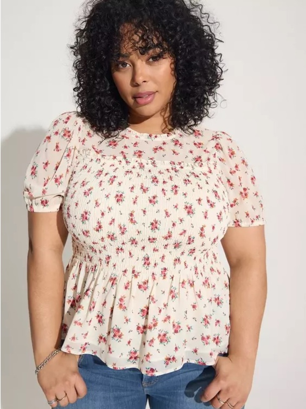 torrid  Chiffon Ruffle Mock Neck Smocked Crop Top‎